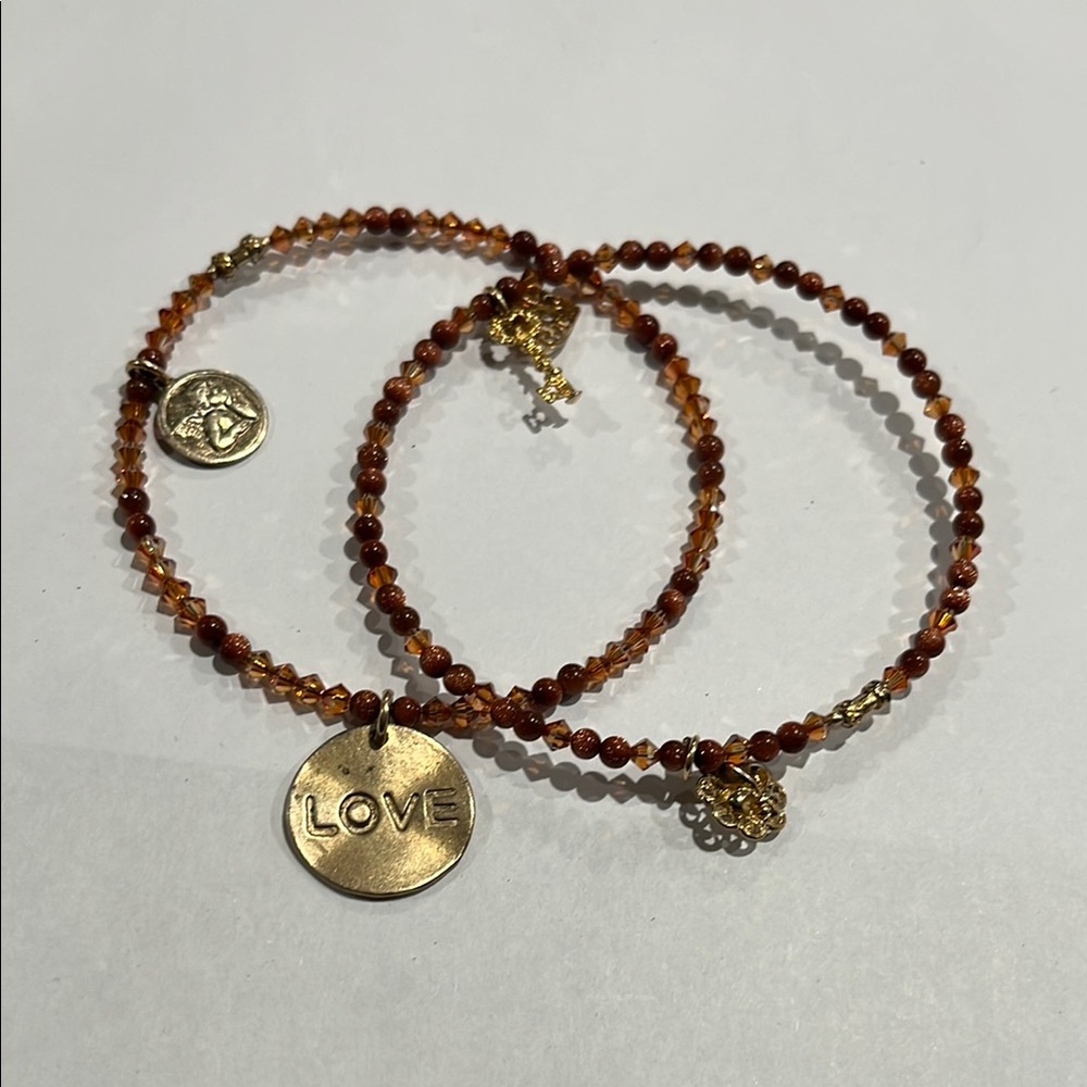 Sterling Silver 925. Gold and Brown Beaded Bracelet Set.
